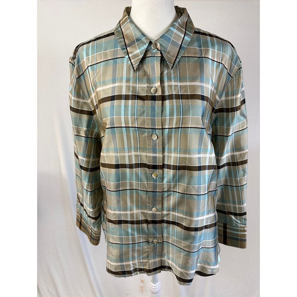 Carlisle Button-Down Women's 14 Light Blue Taupe Plaid
